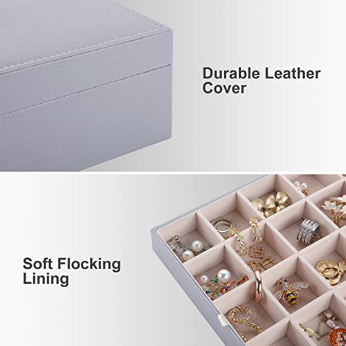 homing 50 Slots Earring Organizer Box with 8 Necklace Hooks, Birthday and Christmas Gifts, Classic 2 Trays Faux Leather Women Jewelry Storage Case for Rings, Bracelet, Grey