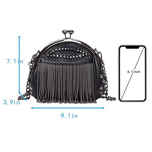 Heidi Women's Small Studs Crossbody Handbag Fashion Shell Shape Shoulder Messenger Bag (Black(tassel))