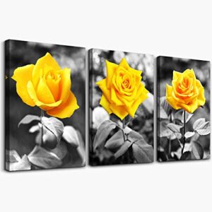 canvas wall art for bedroom living room bathroom wall decor for kitchen family pictures artwork black and white yellow rose flowers paintings 12″ x 16″ 3 pieces framed modern office home decorations