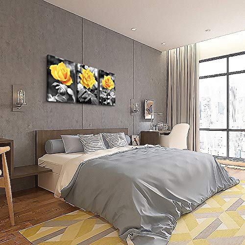 Canvas Wall Art For Bedroom Living Room Bathroom Wall Decor For Kitchen Family Pictures Artwork Black And White Yellow Rose Flowers Paintings 12" X 16" 3 Pieces Framed Modern Office Home Decorations