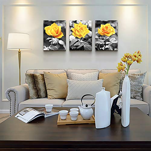 Canvas Wall Art For Bedroom Living Room Bathroom Wall Decor For Kitchen Family Pictures Artwork Black And White Yellow Rose Flowers Paintings 12" X 16" 3 Pieces Framed Modern Office Home Decorations