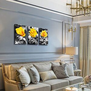 Canvas Wall Art For Bedroom Living Room Bathroom Wall Decor For Kitchen Family Pictures Artwork Black And White Yellow Rose Flowers Paintings 12" X 16" 3 Pieces Framed Modern Office Home Decorations