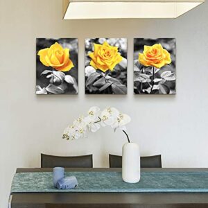 Canvas Wall Art For Bedroom Living Room Bathroom Wall Decor For Kitchen Family Pictures Artwork Black And White Yellow Rose Flowers Paintings 12" X 16" 3 Pieces Framed Modern Office Home Decorations