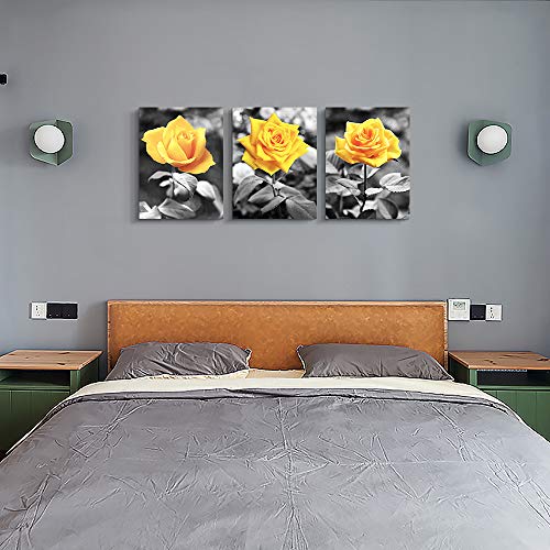 Canvas Wall Art For Bedroom Living Room Bathroom Wall Decor For Kitchen Family Pictures Artwork Black And White Yellow Rose Flowers Paintings 12" X 16" 3 Pieces Framed Modern Office Home Decorations