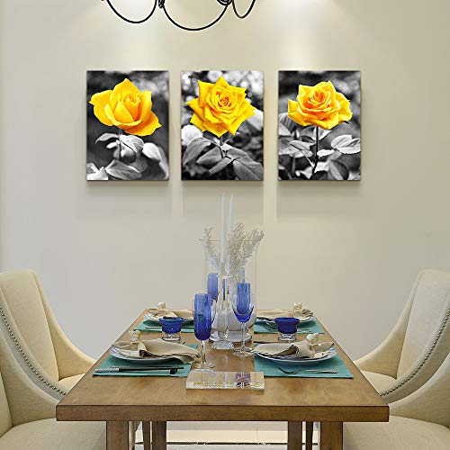 Canvas Wall Art For Bedroom Living Room Bathroom Wall Decor For Kitchen Family Pictures Artwork Black And White Yellow Rose Flowers Paintings 12" X 16" 3 Pieces Framed Modern Office Home Decorations