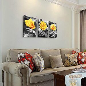 Canvas Wall Art For Bedroom Living Room Bathroom Wall Decor For Kitchen Family Pictures Artwork Black And White Yellow Rose Flowers Paintings 12" X 16" 3 Pieces Framed Modern Office Home Decorations