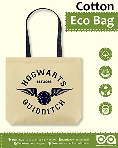 Personalized.Design Tote Bag ''Quidditch - Hogwarts. Est.1092'' - Harry Potter Cotton Canvas Organic Shoulder Craft Bag - Christmas Gifts Purse, Beige (ECBG-007)
