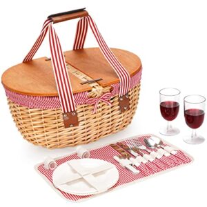 wicker picnic basket set for 2 with double wooden lids & handles, country style picnic hamper with cutlery service kits – flatware set, willow storage basket w/lining for camping (red stripe)