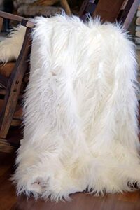 luxury fluffy faux fur throw blanket, mongolian long hair white 50″ x 60″