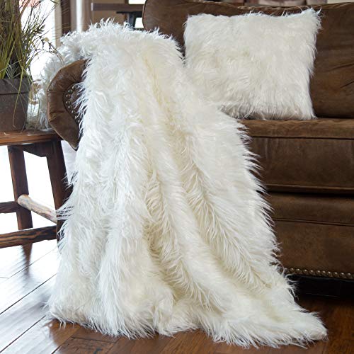 Luxury Fluffy Faux Fur Throw Blanket, Mongolian Long Hair White 50" x 60"