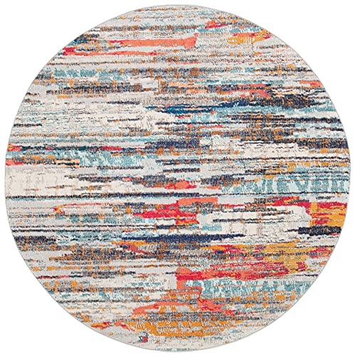 SAFAVIEH Madison Collection 9' Round Ivory/Multi MAD419C Boho Abstract Distressed Non-Shedding Dining Room Entryway Foyer Living Room Bedroom Area Rug