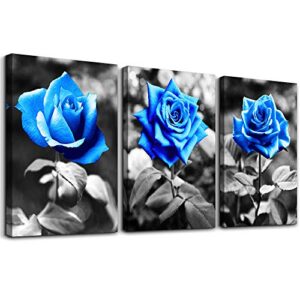 Bedroom Wall Art For Living Room Bathroom Wall Decor For Kitchen Family Pictures Artwork Black And White Blue Rose Flowers Canvas Paintings 12" X 16" 3 Pieces Framed Modern Office Home Decorations