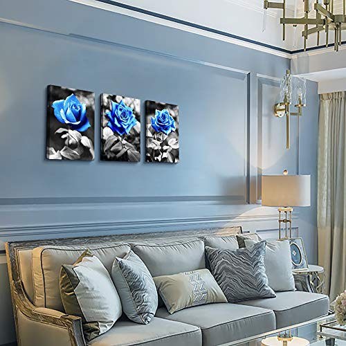 Bedroom Wall Art For Living Room Bathroom Wall Decor For Kitchen Family Pictures Artwork Black And White Blue Rose Flowers Canvas Paintings 12" X 16" 3 Pieces Framed Modern Office Home Decorations