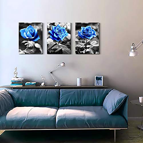 Bedroom Wall Art For Living Room Bathroom Wall Decor For Kitchen Family Pictures Artwork Black And White Blue Rose Flowers Canvas Paintings 12" X 16" 3 Pieces Framed Modern Office Home Decorations