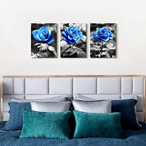 Bedroom Wall Art For Living Room Bathroom Wall Decor For Kitchen Family Pictures Artwork Black And White Blue Rose Flowers Canvas Paintings 12" X 16" 3 Pieces Framed Modern Office Home Decorations