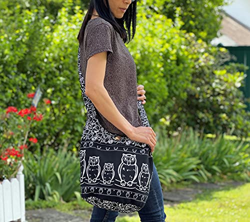 Owl Sling Bag - Fully Lined with Front Zippered Pocket - Handmade Crossbody Handbag - Medium (Black and White)