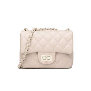 women’s quilted shoulder bag | chain link strap clutch purse | crossbody mini messenger handbag (beige, mini)