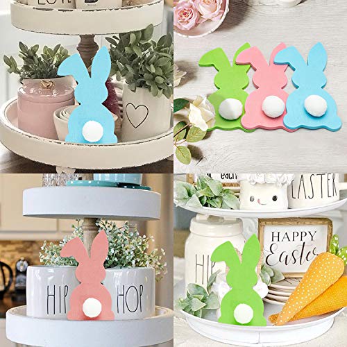 R HORSE 3Pcs Easter Wooden Rabbit Shaped Tiered Tray Decoration Blue Pink Green Easter Rustic Farmhouse Decor Rabbit Shaped Sign Shelf Easter Stand Display Photo Prop
