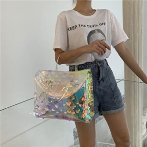 XinMaJiaSnail Women Holographic Tote Handbag Rainbow Colorful Clear Travel Bag Large Square Backpack