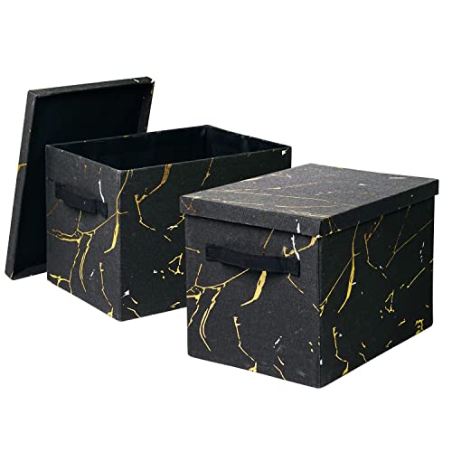 27L Decorative Storage Bins with Lids Foldable Closet Shelf Organizer Linen Fabric Boxes with Cover Handles Collapsible Baskets Cloth Containers for Home Office 15x10.6x10.6 inch 2 Pack Black