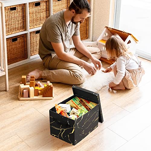 27L Decorative Storage Bins with Lids Foldable Closet Shelf Organizer Linen Fabric Boxes with Cover Handles Collapsible Baskets Cloth Containers for Home Office 15x10.6x10.6 inch 2 Pack Black