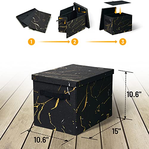 27L Decorative Storage Bins with Lids Foldable Closet Shelf Organizer Linen Fabric Boxes with Cover Handles Collapsible Baskets Cloth Containers for Home Office 15x10.6x10.6 inch 2 Pack Black