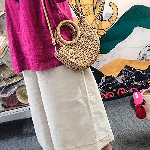 QTKJ Mini Semi-circle Rattan Straw Handbags, Hand-woven Women Summer Retro Straw Tote Bag Beach Tote Shoulder Bag Crossbody Bag Round Handle Beach Handbags (Khaki)