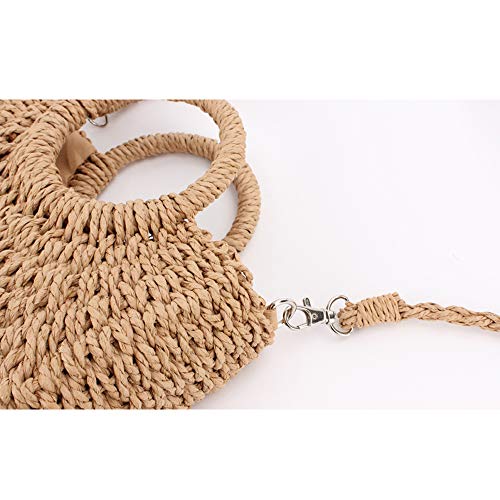 QTKJ Mini Semi-circle Rattan Straw Handbags, Hand-woven Women Summer Retro Straw Tote Bag Beach Tote Shoulder Bag Crossbody Bag Round Handle Beach Handbags (Khaki)