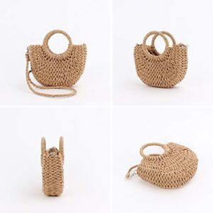 QTKJ Mini Semi-circle Rattan Straw Handbags, Hand-woven Women Summer Retro Straw Tote Bag Beach Tote Shoulder Bag Crossbody Bag Round Handle Beach Handbags (Khaki)