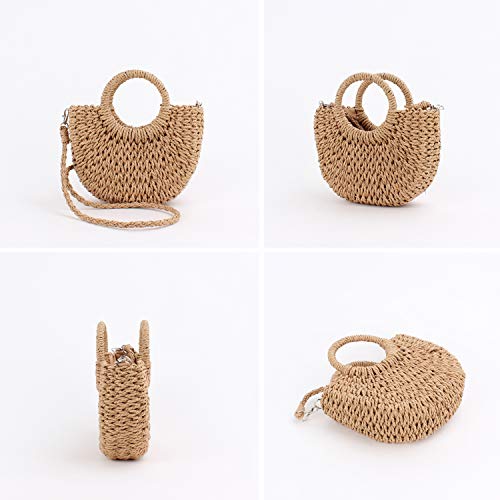 QTKJ Mini Semi-circle Rattan Straw Handbags, Hand-woven Women Summer Retro Straw Tote Bag Beach Tote Shoulder Bag Crossbody Bag Round Handle Beach Handbags (Khaki)