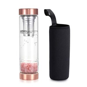 yoption crystal water bottle, rose quartz healing glass water bottle, includes a loose leaf tea infuser bottle and protective sleeve