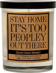 stay home it’s too peopley out there – funny candles for women, men, best friend, friendship candle gift, cool let’s stay home candle, lime, coconut, floral,10 oz. glass jar candle, decorative candles