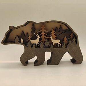 Yinuoday Bear and Mountains Layered Wooden Home Decor Forest Animal Wide Woods-Wall Art Home Decoration for Shelf Table