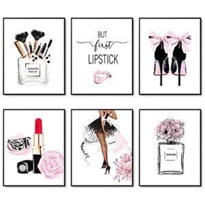 hoozgee fashion wall art prints set of 6 pink room decor makeup art pictures wall decor canvas prints art posters perfume lipstick artwork girls room decor for bedroom (8″x10″ unframed)