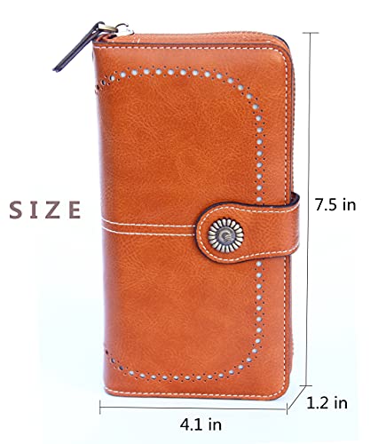 Mokoze Womens PU Leather Wallet Large Capacity Bifold Compact Credit Card Case Purse for Women with ID Window Zipper Pocket Leather Wallets Orange