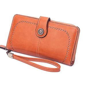 Mokoze Womens PU Leather Wallet Large Capacity Bifold Compact Credit Card Case Purse for Women with ID Window Zipper Pocket Leather Wallets Orange