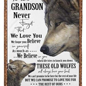 Personalized Fleece Blanket Wolf to Our Grandson Fleece Blanket Never Forget That We Love You Fleece Blanket Gift for Grandson Birthday Gift from Grandma Grandpa