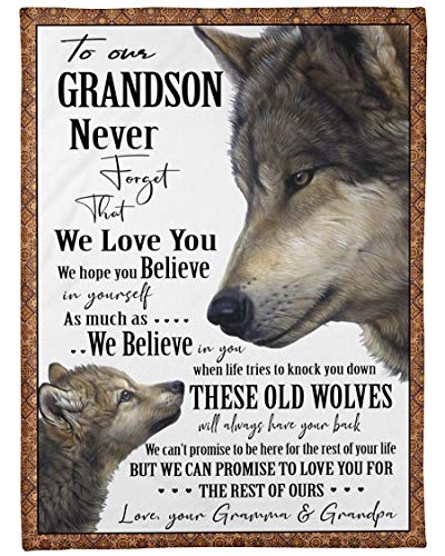 Personalized Fleece Blanket Wolf to Our Grandson Fleece Blanket Never Forget That We Love You Fleece Blanket Gift for Grandson Birthday Gift from Grandma Grandpa