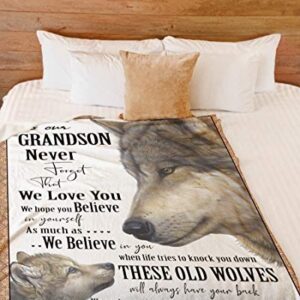 Personalized Fleece Blanket Wolf to Our Grandson Fleece Blanket Never Forget That We Love You Fleece Blanket Gift for Grandson Birthday Gift from Grandma Grandpa