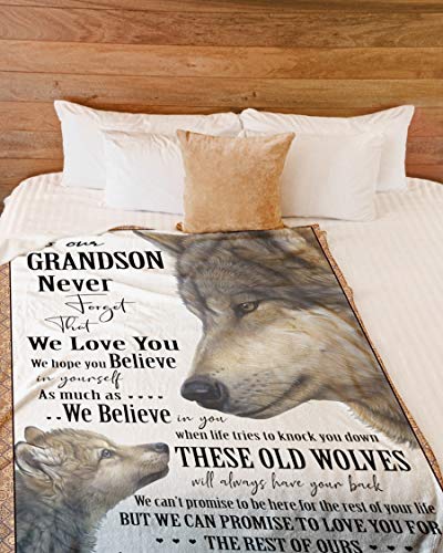 Personalized Fleece Blanket Wolf to Our Grandson Fleece Blanket Never Forget That We Love You Fleece Blanket Gift for Grandson Birthday Gift from Grandma Grandpa