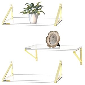gold shelves crystal-clear acrylic floating shelves,gold floating shelves,gold wall shelf,sturdy thickness 10mm(0.4inch) acrylic shelves for wall decor,gold shelving for living room decor set of 3.