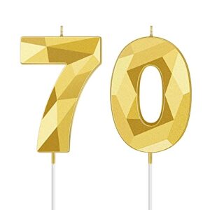70th birthday candles, 3d diamond shape number 70 candles happy birthday cake topper numeral candles for birthday wedding decoration reunions theme party (gold)