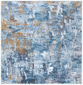 safavieh lagoon collection 6’7″ square blue/gold lgn182m distressed non-shedding living room bedroom dining home office area rug