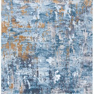 SAFAVIEH Lagoon Collection 6'7" Square Blue/Gold LGN182M Distressed Non-Shedding Living Room Bedroom Dining Home Office Area Rug