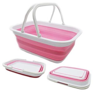 sammart 9.2l (2.37gallon) collapsible tub with handle – portable outdoor picnic basket/crater – foldable shopping bag – space saving storage container (1, white/pink)