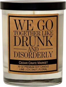 we go together like drunk and disorderly – funny candles for women, bestie gifts for women, friendship candle gifts for women, men, best friends, funny birthday gifts for friends, sister, coworker