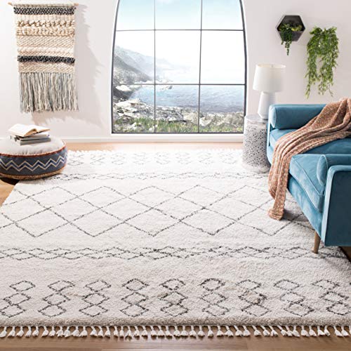 SAFAVIEH Moroccan Fringe Shag Collection 10' x 14' Ivory/Grey MFG343A Boho Tribal Non-Shedding Living Room Bedroom Dining Room Entryway Plush 2-inch Thick Area Rug