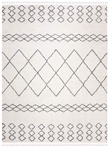 SAFAVIEH Moroccan Fringe Shag Collection 10' x 14' Ivory/Grey MFG343A Boho Tribal Non-Shedding Living Room Bedroom Dining Room Entryway Plush 2-inch Thick Area Rug