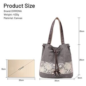 DIRRONA Womens Canvas Handbag Ladies Shoulder Bags Top Handle Bags Drawstring Bucket Bag School Travel Casual Daily Use Gray