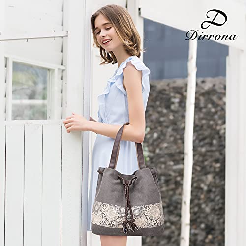 DIRRONA Womens Canvas Handbag Ladies Shoulder Bags Top Handle Bags Drawstring Bucket Bag School Travel Casual Daily Use Gray